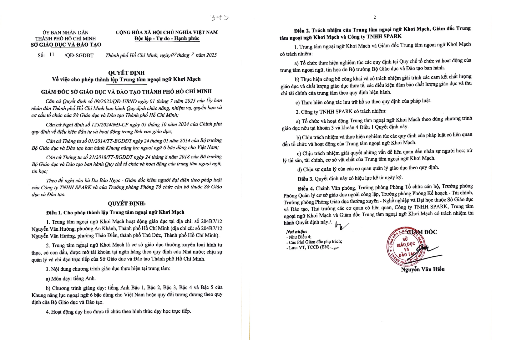 Quyết định số 11/QĐ-SGDĐT của Sở Giáo dục và Đào tạo TP.HCM về việc cho phép thành lập Trung tâm Ngoại ngữ Khơi Mạch